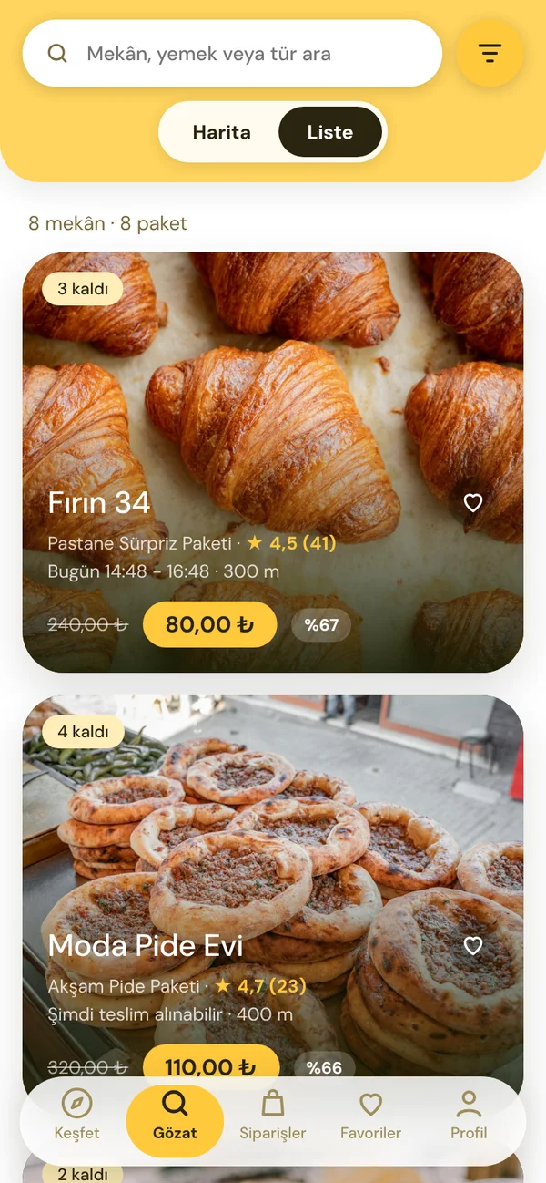 Kırıntı uygulaması: paket listesi ve filtreler